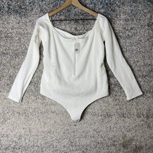 Good American Bodysuit Womens Small Ivory White Half Zip Long Sleeve Ribbed Knit